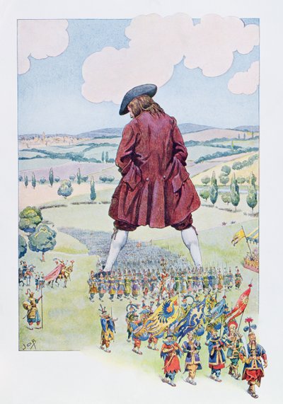 Gulliver inspecteert het Lilliputiaanse leger, illustratie uit een Franse editie van 